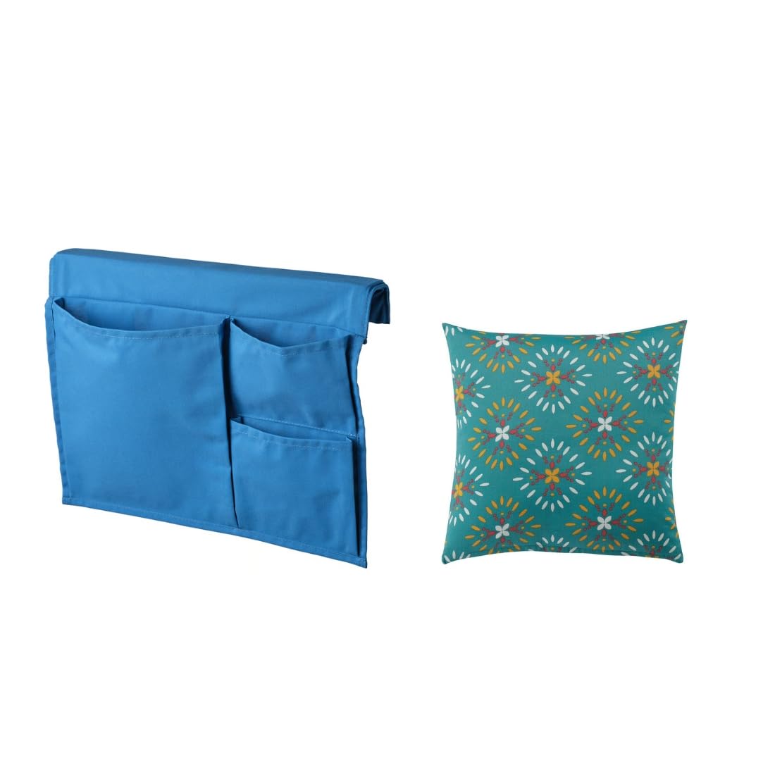 Ikea STICKAT Bed Pocket Blue with KLIBBARV Cushion Green 40x40cm | Bedside Storage, 4 Pockets, Floral Printed Cushion, Books & Toys Organiser, 2-Piece Set-image-47