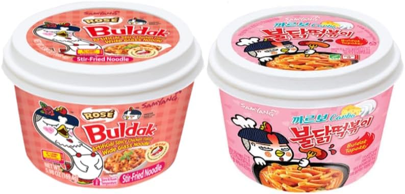 Spicy Buldak Rose Wide Flat Glass Noodle Bowl(169.4g) + Protein Puffs(50g) Assorted Challenge Box (Rose + Carbo TPK)