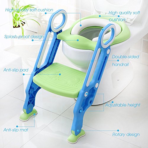 Mangohood Potty Training Toilet Seat with Step Stool Ladder for Boys and Girls Baby Toddler Kid Children Toilet Training Seat Chair with Handles Padded Seat Non-Slip Wide Step (Blue Green)