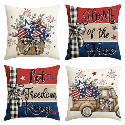 AVOIN colorlife Let Freedom Free Eucalyptus Stars Fireworks Car Throw Pillow Covers, 18 x 18 Inch 4th of July Patriotic Independence Memorial Day USA Flag Cushion Case Decorations Set of 4