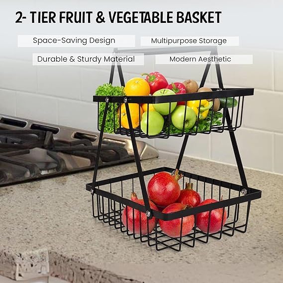 Image of Niyara Iron Metal Heavy Duty Stand Multistorage /Multipurpose Standing Rack, Bathroom Countertop Storage Shelf Cosmetic Organizer Holder Kitchen Spice Rack (V shape fruit basket)