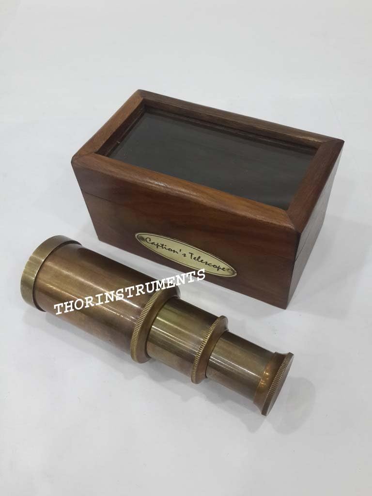Marine Antique Brass Telescope Brown Glass Wooden Box Nautical Gifts Rustic Vintage Home Decor Gifts