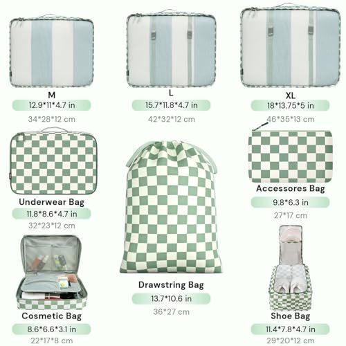 Image of BAGAIL 8 Set Packing Cubes Luggage Packing Organizers for Travel Accessories-Matcha checkered