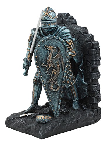 Ebros Medieval Dragon Heraldry Knight Bookends Statue 8" Tall Set Suit Of Armor Swordsman Warrior With Heraldry Shield Renaissance Age Of Kings Decorative Bookends Sculpture #TOP3