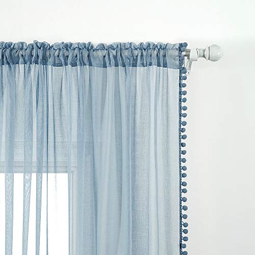 MIULEE Blue Net Curtain with Plush Ball, Decorative Curtain for Boys and Living Rooms (2 x L140 x H280 cm) - Image 4