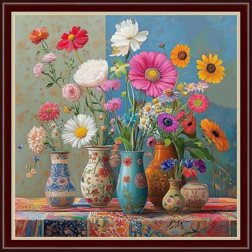 Image of Dimensean Stamped Cross Stitch Kits Full Range of Embroidery Patterns Starter Kits for Beginners Adult DIY Cross Stitches Needlepoint Kits 11CT-Colorful Flowers on the Table 18x18 inch