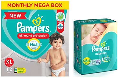 Image of Pampers All round Protection Pants, Extra Large size baby Diapers, (XL) 112 Count Lotion with Aloe Vera & Pampers Taped Baby Diapers, Small (SM), 22 count