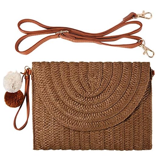 Frienda Bolso de Hombro de Paja Bolso Informal Hecho a Mano de Paja de Playa para Mujeres (Marrón Oscuro)