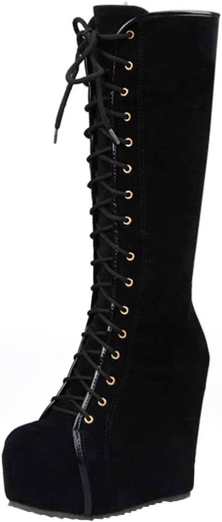 Bellirala Womens Hidden Wedge Knee High Lace Up Platform Boots with Zip