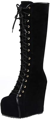 Bellirala Womens Hidden Wedge Heels Knee High Boots Lace Up Platform Boots with Zip