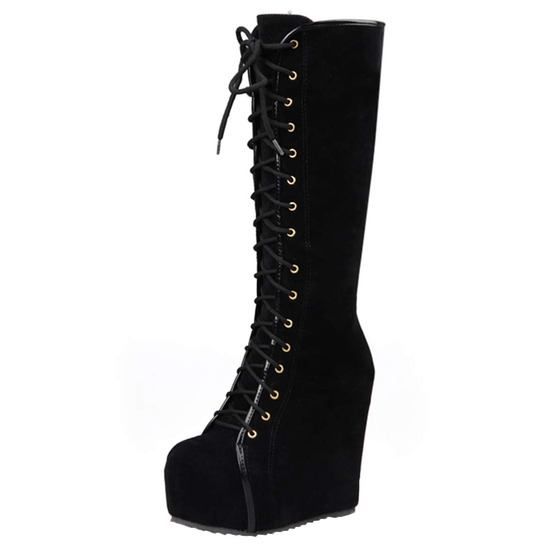 Bellirala Womens Hidden Wedge Knee High Lace Up Platform Boots with Zip