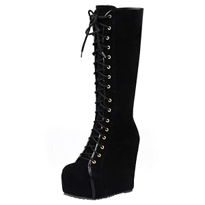 Bellirala Womens Hidden Wedge Knee High Lace Up Platform Boots with Zip