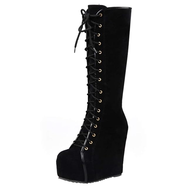 Bellirala Womens Hidden Wedge Knee High Lace Up Platform Boots with Zip