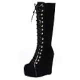 Womens Hidden Wedge Knee High Lace Up Platform Boots with Zip
