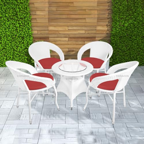 Image of Rattan Wicker Garden Patio Seating Chair and Table Set for Outdoor Balcony Garden Coffee Table Set Furniture with 1 Table and 4 Chairs with Red Cushion (White), 61 cm , 61 cm , 56 cm
