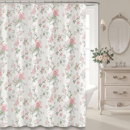 Pink and Sage Green Floral Vintage Shower Curtain,Cottage core Cotton Shower Curtains for Bathroom,72Wx72H