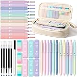 Four Candies 39PCS Cute Stationery Set with Pencil Case, 12 Pastel Highlighters, 5 Black Ink Gel Pens, 6 Mechanical Pencils, Aesthetic School Supplies (Cream)