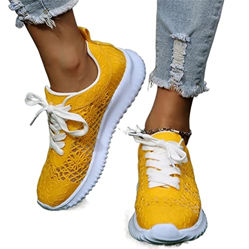 GUOIOOI Turnschuhe für Frauen Neue Sommer 2022 Hollow Mesh Atmungsaktive Casual Fly Knitting Fashion Schuhe Leichte, Flache Sneaker zum Schnüren (Color : Yellow, Size : EUR38/US7) Cover