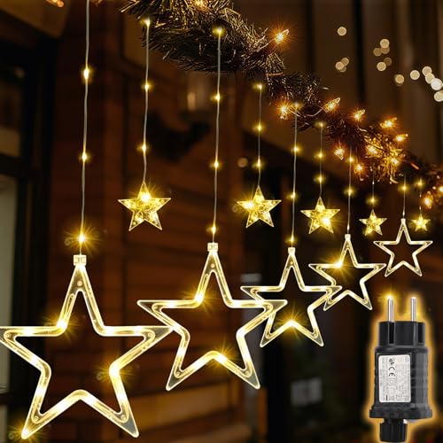 SALCAR LED Sterne Lichtervorhang, 2m 160 LED Lichterkette mit 10er Sternen mit 8 Modi, Timer und Memory, Wasserdicht Weihnachtsbeleuchtung Fenster für Außen Innen Balkon Party Hochzeit, Warmweiß