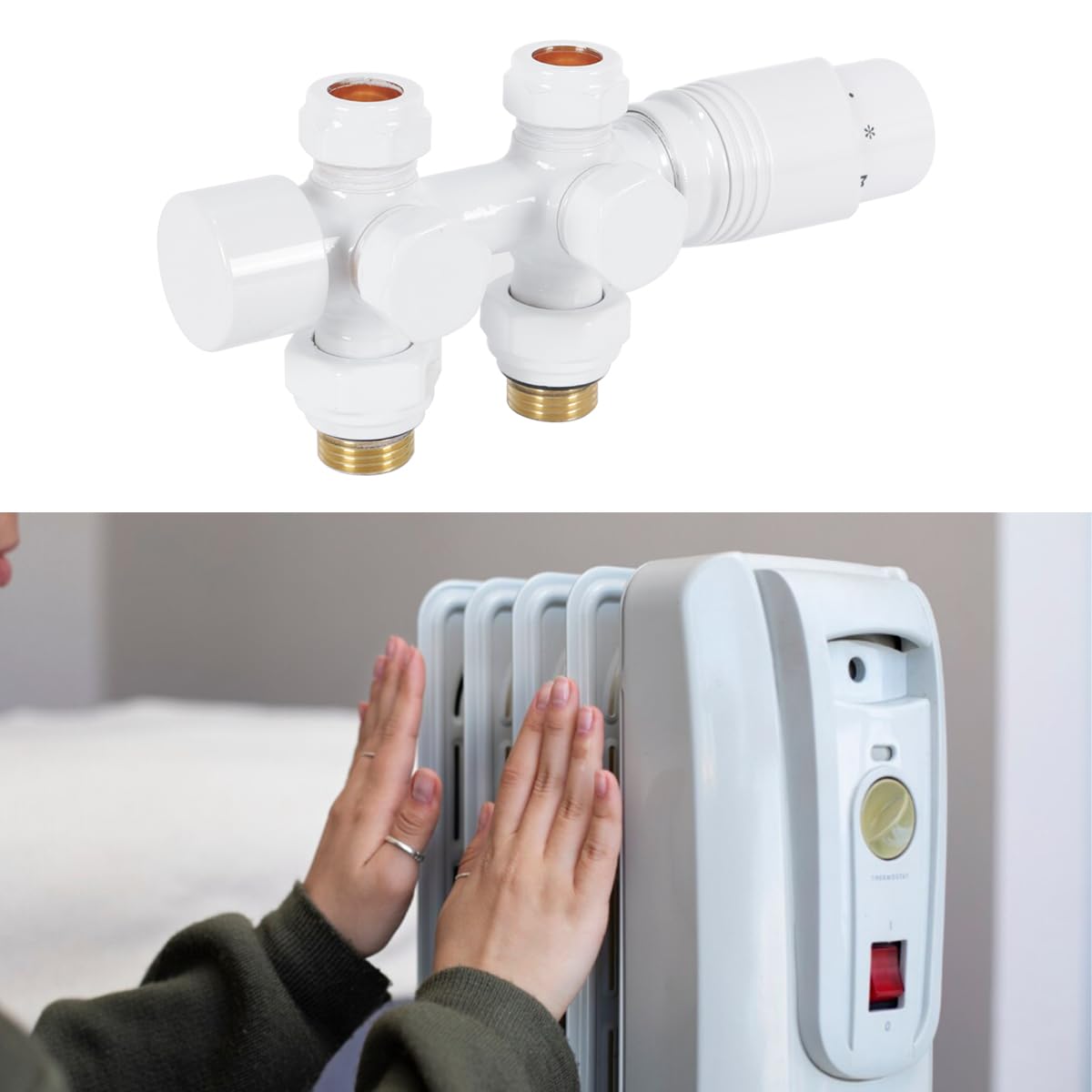 Multiblock z termostatem do grzejników, rozstaw piast 50 mm, zawór grzejnikowy mosiężny chromowany z głowicą termostatyczną (biały)