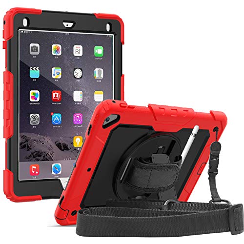 Danycase Case for iPad 6th/5th Generation, iPad Air 2 Case, Full-body Shockproof Protective Case with[Screen Protector][Hand&Shoulder Strap] for iPad Air 2/iPad 5th/6th Gen 9.7 2017/2018 (Red+Black)