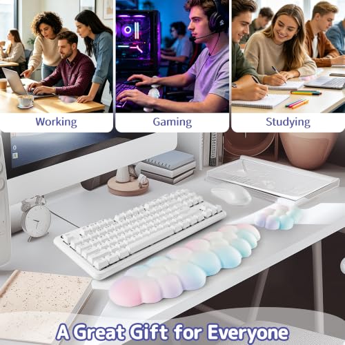 Image of Sushret Cloud Wrist Rest Keyboard, Cloud Keyboard Wrist Pad Set with PU Leather Memory Foam, Cute Arm Rest for Palm Support, PC /Gaming Desk Accessories /Office Setup /Computer Hand Cushion - Rainbow
