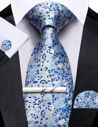 Image of Barry.Wang 6 PCS Men Ties Set Silk Business Fashion Woven Necktie Handkerchief Cufflinks Paisley Stripe Wedding Party