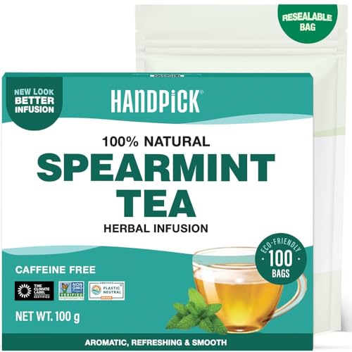HANDPICK, Té de Menta Verde - 100 Bolsitas Redondas Ecológicas - Sin Cafeína y No-OGM - Con Hojas Puras de Menta Verde - Mezcla Naturalmente Refrescante - Sellado al Vacío