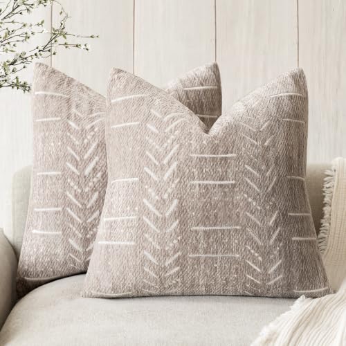 Image of Foindtower Set of 2 Decorative Chenille Jacquard Throw Pillow Covers Textured Farmhouse Vintage Cushion Cover Neutral Boho Accent Home Decor For Sofa Chair Couch Bed Living Room,18x18 Inch,Light Taupe