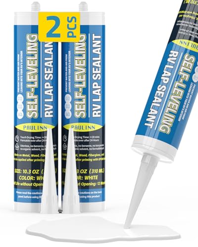PAULINN Self Leveling RV Roof Sealant 2 Packs, Lap Sealant White for Camper Repair, RV Caulking, Rubber Roof EPDM, Flexible, UV & Waterproof, no Smell and Safe for RV Indoor use