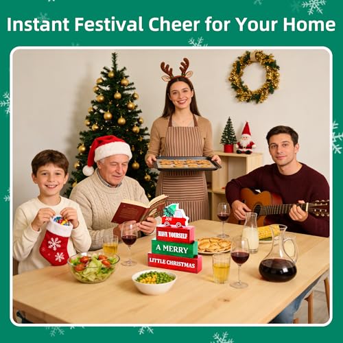 Image of 4 Pcs Christmas Wooden Tiered Tray Decor, Merry Christmas Decorations Gifts for Home, Winter Table Centerpiece for Xmas Party Kitchen Office