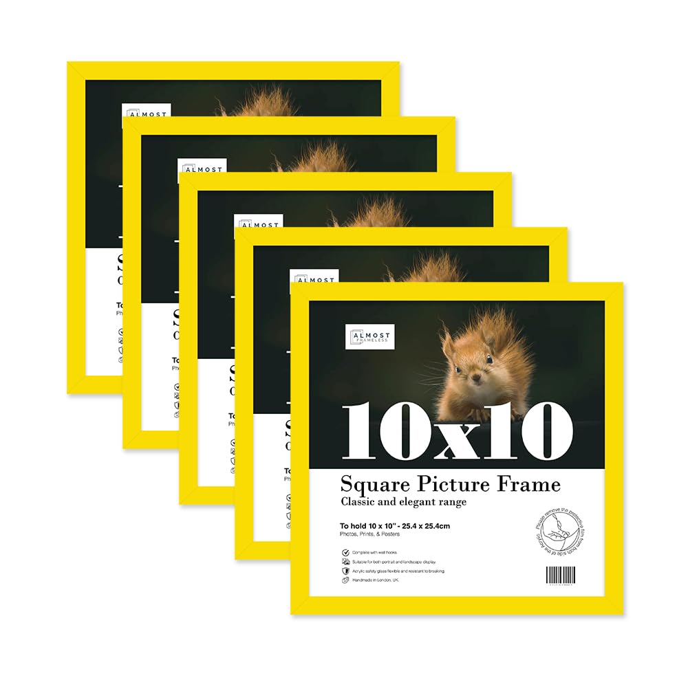 Almost Frameless 10x10 Yellow Picture Frame Set of 5, Display 10x10 Picture Gallery Wall, Poster, Photo, Artwork, or Print, Yellow, Square