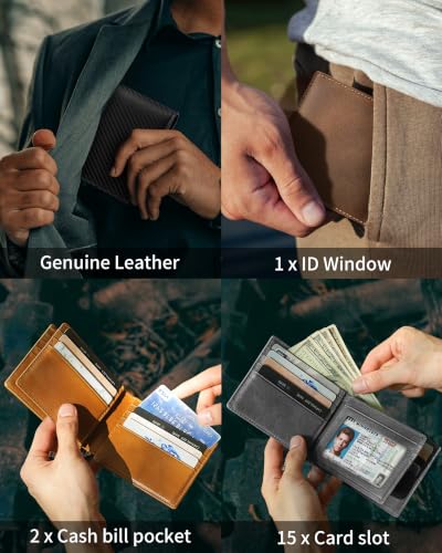 Image of Artpaxy Mens Wallet Bifold Genuine Leather RFID Blocking Wallet for Men with 1 ID Window 15 Card Holders 2 cash pockets 1 Gift Box