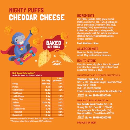 Image of Slurrp Farm Mighty Jowar Puffs | Khatta Meetha, Mild Masala, Cheddar Cheese, Tangy Tomato, Choco Ragi, Cheese & Herbs | Not Fried, No Maida | Healthy Snack for Kids and Travel Friendly | 9 x 20g