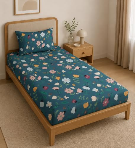 Image of LOOMLYFE Microfiber Soft Cotton Single Bed Bedsheet for Diwan Bed, Size 60 Inches X 90 Inches, 152 X 230 cm with 1 Large Size Pillow Covers Without Joint - BlueMultiFlower