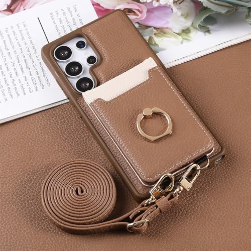 Étui portefeuille pour Samsung S25 avec bandoulière et porte-cartes marron