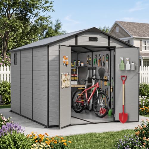 Image of Large Plastic Storage Shed with Floor and Ddrain Groove for Backyard 8X10FT | 14mm UV-resistant PP panel, Top Vent, Lockable Double Doors, Side Window,Transparent PC top panel, Suitable for Bike and Tool
