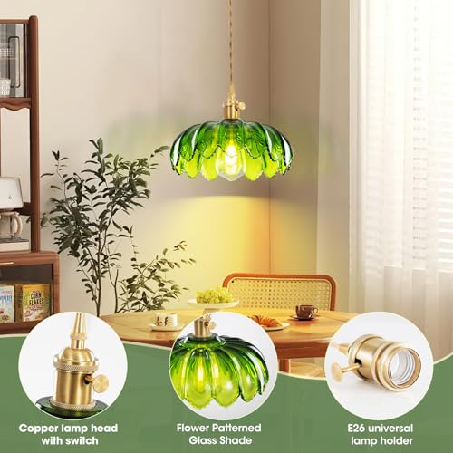Plug in Pendant Light, Hanging Lights with Plug in Cord, Hanging Light Fixture with Green Glass, E26 Pendant Lighting for Kitchen Island, Bedroom, Dining Room, Living Room - Image 4