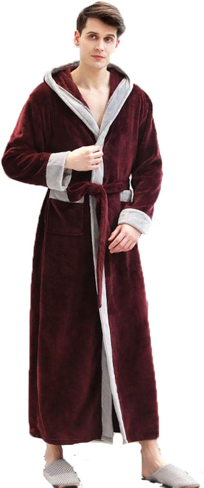 Mens Long Dressing Gown Hooded Nightwear Fluffy Soft Bathrobe Plush