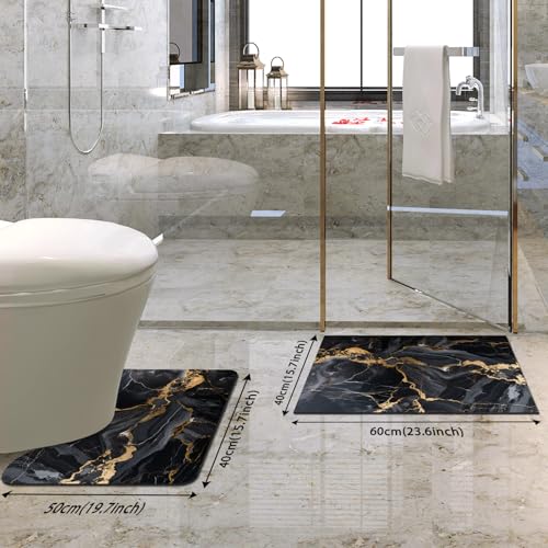 comfoyar 2 Pieces Bath Mat and Toilet Mat Set, Black Marble Pattern Quick Dry Bathroom Mats - Image 2