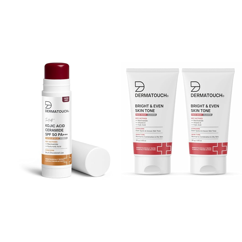 DERMATOUCH Kojic Acid Ceramide SPF 50 PA+++ Tinted Wine Lip Balm - 5g & Bright & Even Tone Face Wash with Niacinamide, Vitamin E and Kojic Acid-image-45