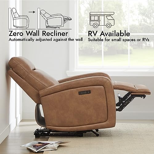 Watson & Whitely Power Recliner Chairs for Adults, Zero Wall Recliners W Power Headrest Type-C Charger, Small Faux Leather RV Recliners Home Theater Seating for Living Room, Cognac Brown - Thumbnail 6