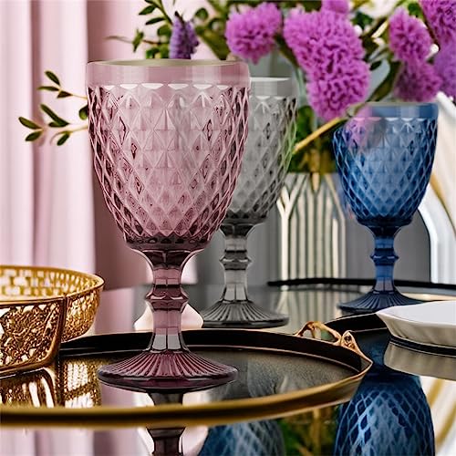 Huhuxiaowu Wine Glass, Colored Glass Goblet, 6Oz/10Oz Vintage Pattern Embossed High Clear Glass Goblets For Party, Wedding (Diamond/Blue/Set Of 2, 10Oz) #TOP4