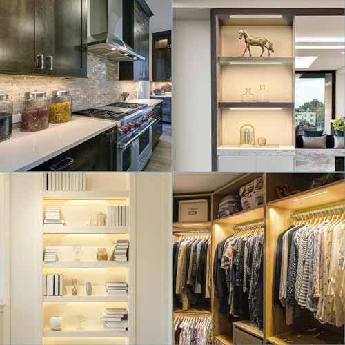 JUSJUBR Black LED Shelf Lights, Display Cabinet Lights with Memory Function, 4 Pack x12 Inch Display Lights for Shelves, LED Lights for Display Cases/Pantry/Closet, Natural White 4000K