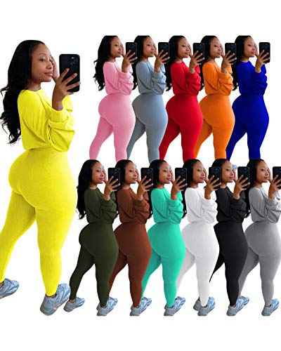Womens 2 Piece Outfit Ribbed Long Sleeve Pullover Crop Tops Bodycon Long Pants Set Fall Sweatsuits Tracksuit Loungewear Sets Coffee