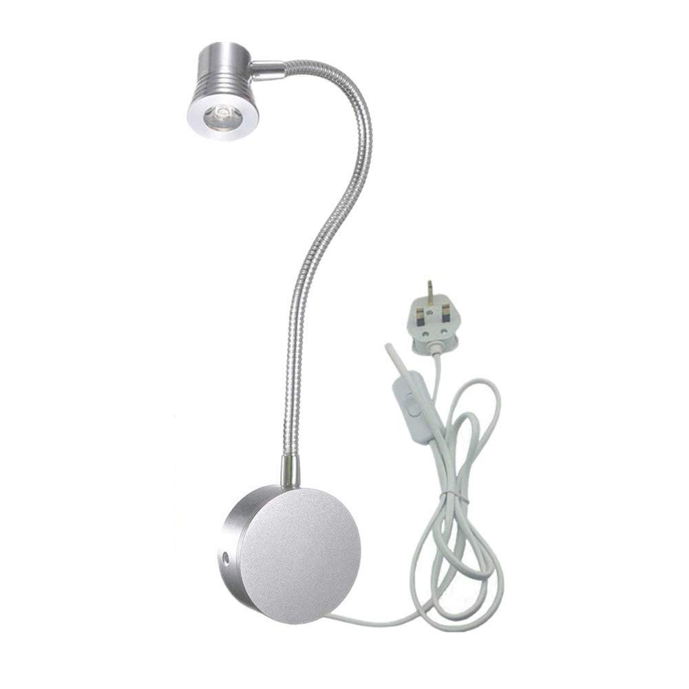 Wefoonlo 02 Silver Warm White 3W Wall Mounted Flexible Gooseneck Led Reading Light With Plug & Switch For Bedroom, Office, Workbench, Studio (02 Silver Warm White)
