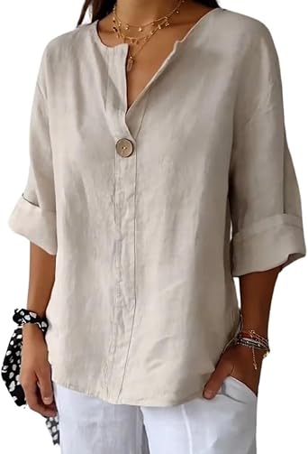 DMOYALA Linen Shirts for Women Summer Cotton Linen V Neck 3/4 Sleeve Tops Loose Vacation Beach Solid Blouses Tunic Tops