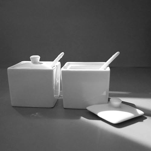 Miniatura 2 de Sizikato Olla de condimento de porcelana blanca con tapa y cuchara, tazón de sal cuadrado de 7 onzas para cocina y restaurante