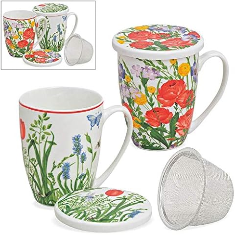 matches21 Teetasse Teebecher mit Deckel & Edelstahl Teesieb Blumenwiese bunte Blumen-Motive Porzellan 2er Set sort 11cm Cover