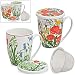 Produktbild matches21 Teetasse Teebecher mit Deckel & Edelstahl Teesieb Blumenwiese Bunte Blumen-Motive Porzellan 2er Set sort 11cm